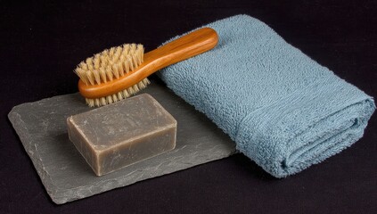A light-gray bar of soap, a light-blue towel, and a wooden body brush rest on a dark slate surface.