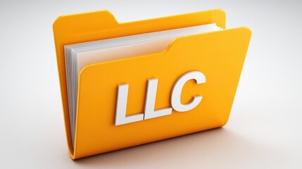A vibrant yellow folder displays the letters LLC prominently, suggesting a focus on limited liability companies. The background is neutral, enhancing the visual impact