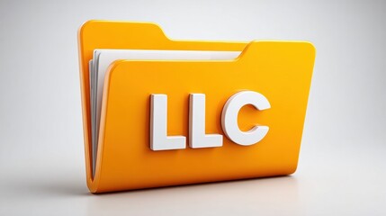 Bright yellow folder prominently showcases the letters LLC, representing a limited liability company, suggesting themes of business, organization, and legal structure in a workspace setting