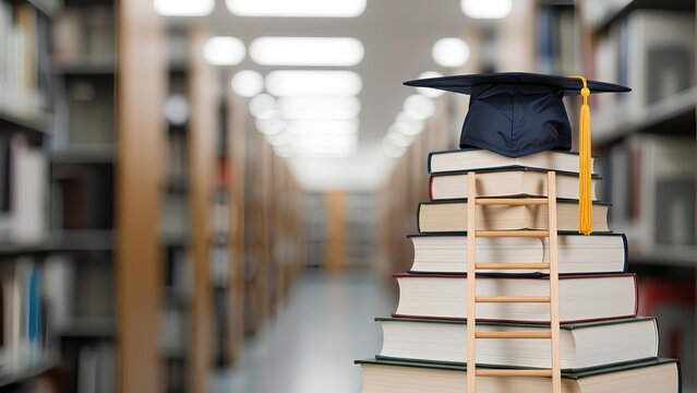 Stack of books topped with a graduation cap and a small ladder, symbolizing education and academic achievement in a library setting