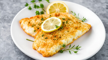 Crispy fried breaded tilapia fillets garnished with herbs and lemon