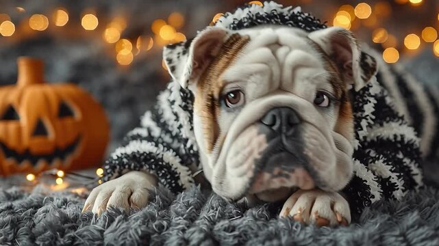 Bulldog in Cozy Halloween: Adorable bulldog, swathed in a warm knit sweater, resting peacefully near a carved pumpkin, surrounded by twinkling fairy lights.