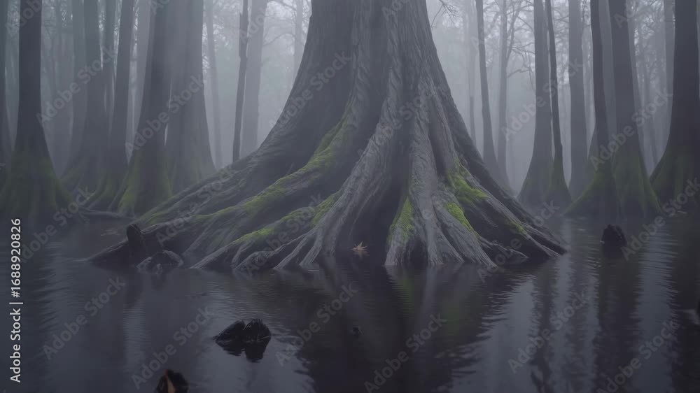 Poster misty forest scene featuring moss covered trees and fog creating an eerie atmosphere at dusk, with c
