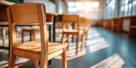 Empty educational space featuring neat rows of wooden student chairs bathed in soft natural light, creating serene learning environment with contemporary design