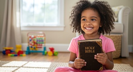 Close child holding a Holy Christian Bible symbolizing faith and spiritual learning