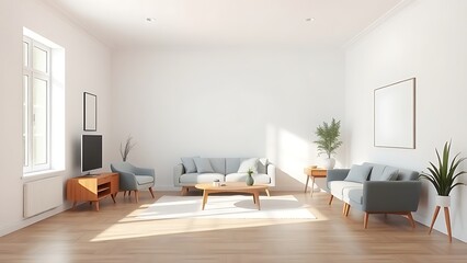 Fototapeta premium Minimalist living room with mid-century modern furniture, white walls, and wood flooring in natural light.