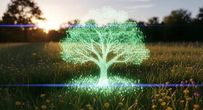 AR-style hologram tree made of binary digits, projected in a natural meadow.