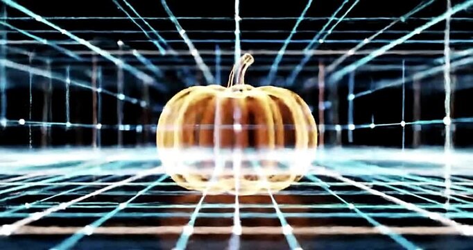 Glowing pumpkin in a digital cube with blue lines and white dots creating a futuristic halloween scene