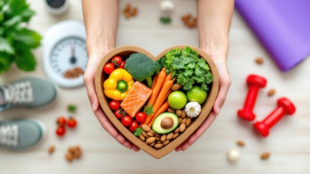 Healthy lifestyle on ketogenic diet, eating clean keto food good health dietary in heart dish with aerobic body exercise, gym workout training class , weight scale and sports shoes in fitness center