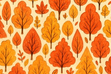 Obraz premium Playful hand drawn autumn forest seamless pattern with whimsical doodle trees in red orange and yellow foliage
