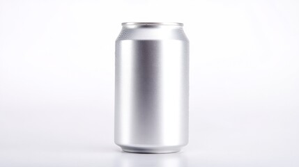 A silver soda can stands upright on a solid white background, highlighting its smooth and shiny metallic surface