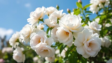 Fototapeta premium White bush roses blooming under a clear blue sky, bathed in warm sunlight with soft focus background.