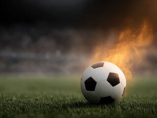 Fototapeta premium A soccer ball is ablaze, surrounded by the excitement of a packed stadium during an intense match. The flames add to the electrifying atmosphere, captivating the audience