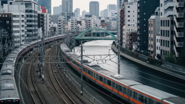 two commuter trains traveling on parallel tracks beside canal, framed by modern buildings. city transportation, daily commute. travel brochure, urban cityscape