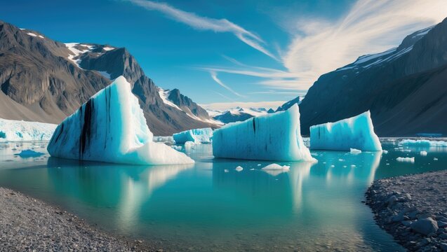 Icebergs in a glacier lagoon with mountains and sky, Arctic environment, and water reflections. Nature and landscape, cold and ice. The concept of glacial and polar regions.