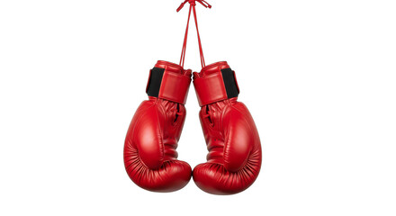 Red boxing gloves hang suspended