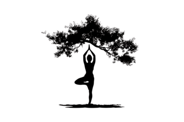 Serene silhouette of a person in tree pose under a lush canopy, embodying peace and nature connection