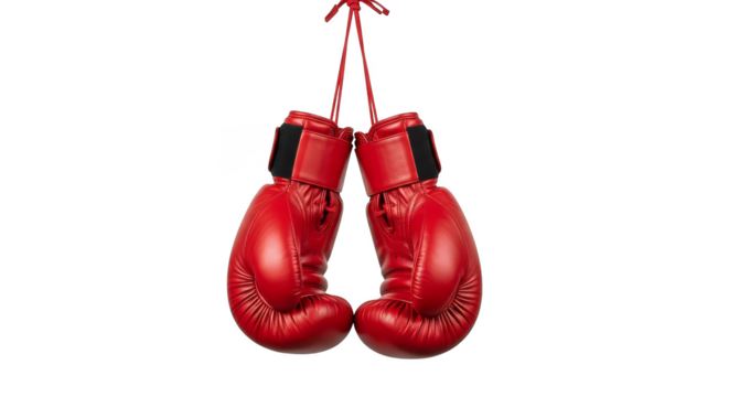 Red boxing gloves hang suspended