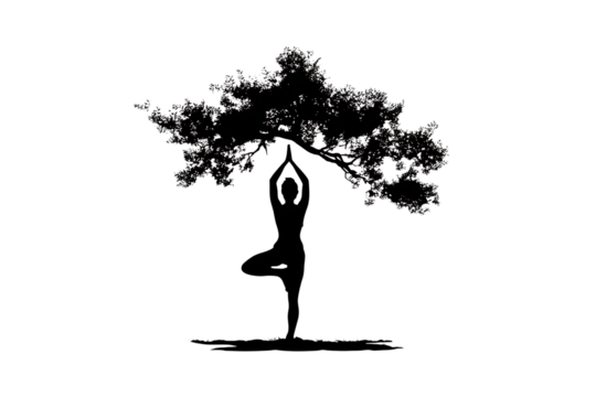 Serene silhouette of a person in tree pose under a lush canopy, embodying peace and nature connection