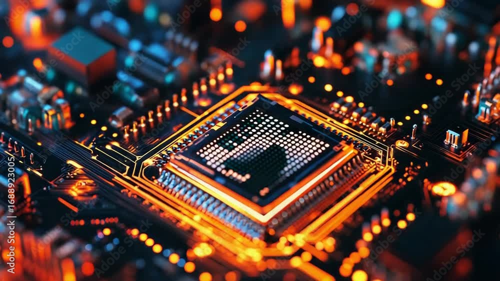 Poster cpu processing data on motherboard with futuristic lighting