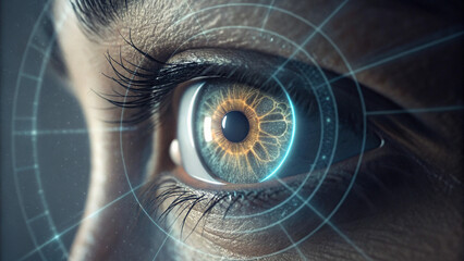 Close-up of a human eye with futuristic, glowing digital overlay;  intriguing, technological, and mysterious mood.