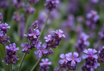 Obraz premium Close-up of vibrant purple lavender blossoms, dew drops glistening, image, purple flowers