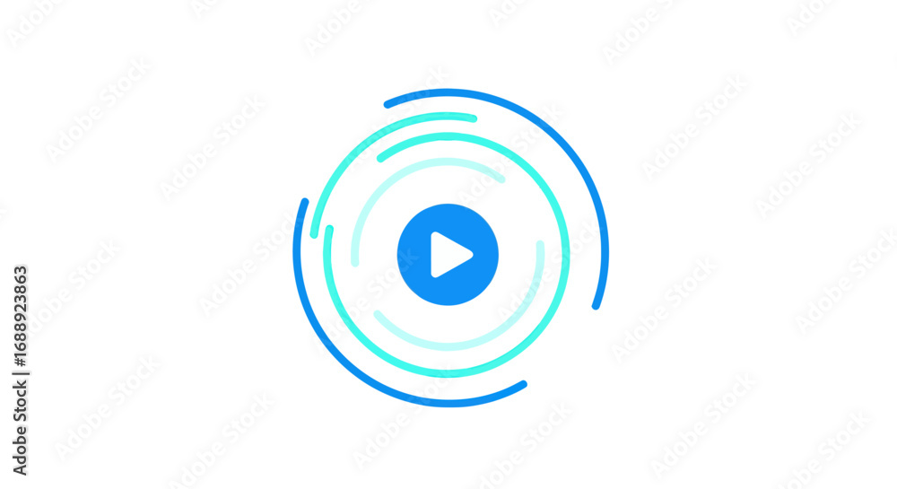 Poster blue play button icon with concentric rotating circles animation.