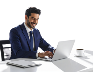 Smiling Businessman Typing on Laptop at Modern Office Desk, Transparent PNG 