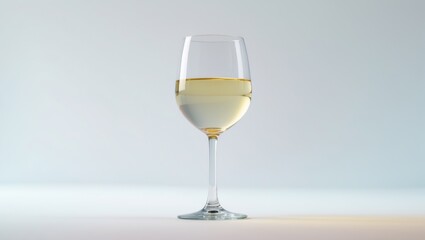 A glass of white wine on a white surface with a plain background.