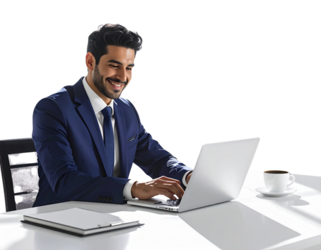 Smiling Businessman Typing on Laptop at Modern Office Desk, Transparent PNG  - Powered by Adobe