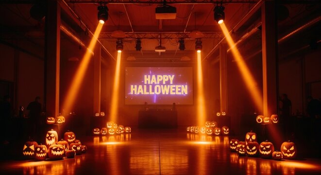 Vibrant Halloween event setup with carved pumpkins, stage lighting, and a 'Happy Halloween' message
