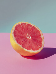 Half of bright grapefruit on pastel pink and blue background with space for text, minimalistic composition