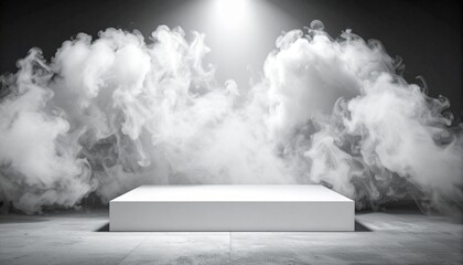 Dramatic white podium in smoke with spotlight on dark background, ideal for product display.