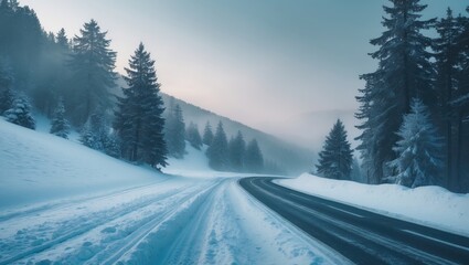 Fototapeta premium Snowy road through pine trees in winter with a foggy mountain backdrop. Cold weather and nature scene. Travel and winter landscape. The scene captures winter weather and forest scenery.