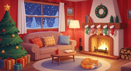 Cozy living room with stockings hung, cat sleeping by fireplace.