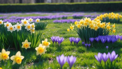 Fototapeta premium Colorful spring flower garden with yellow, purple, and white flowers blooming on green grass field.