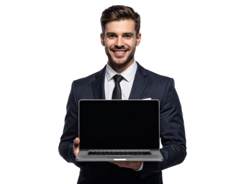 Smiling Entrepreneur Standing with Laptop in Hand, Transparent PNG