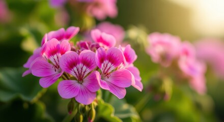 Fototapeta premium Beautiful Pink Geranium Flowers Blooming in Sunlight
