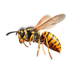 Striking yellow and black wasp shows detailed form on stark black. Useful for nature, science, or education projects.