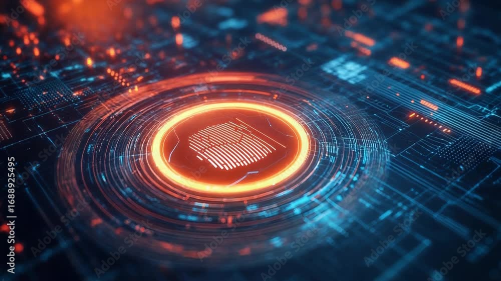 Poster fingerprint scanning on futuristic circuit board ensuring data security