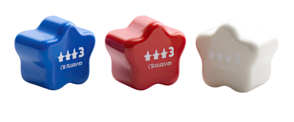 Three star-shaped objects in blue, red, and white