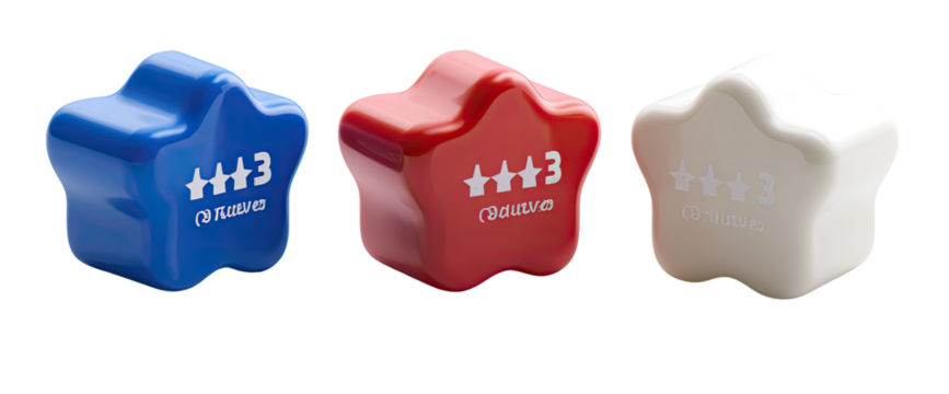 Three star-shaped objects in blue, red, and white - Powered by Adobe