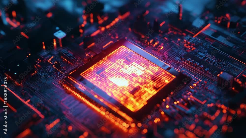Poster cpu is glowing orange and processing data on motherboard