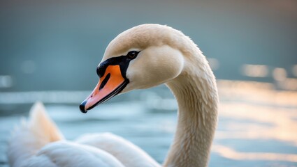 Obraz premium Close-up of a swan's head and neck with a water background.