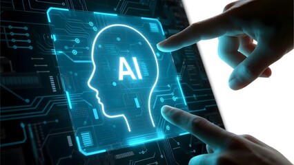 Fingers interacting with a digital screen displaying an AI head silhouette and circuitry background