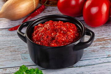 Bulgarian traditional lutenica pepper sauce