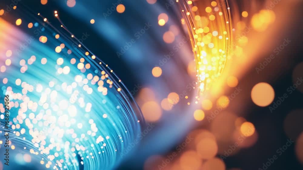 Poster fiber optic cables transferring data at high speed with bokeh effect
