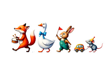 A parade of cute animals isolated on transparent background, watercolor style, fox, goose, rabbit and mouse