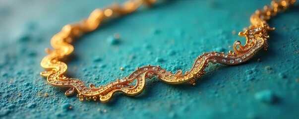 Elegant gold necklace shaped like a winding coastline, intricate detailing, luxury beach jewelry, summer vibes  Perfect for seaside fashion or coastal themed events ,  sea,  gold,  jewellery