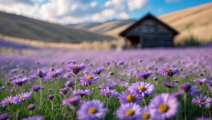 Fototapeta premium A field of purple daisies with a wooden cabin in the background, rolling hills, and a bright sky.